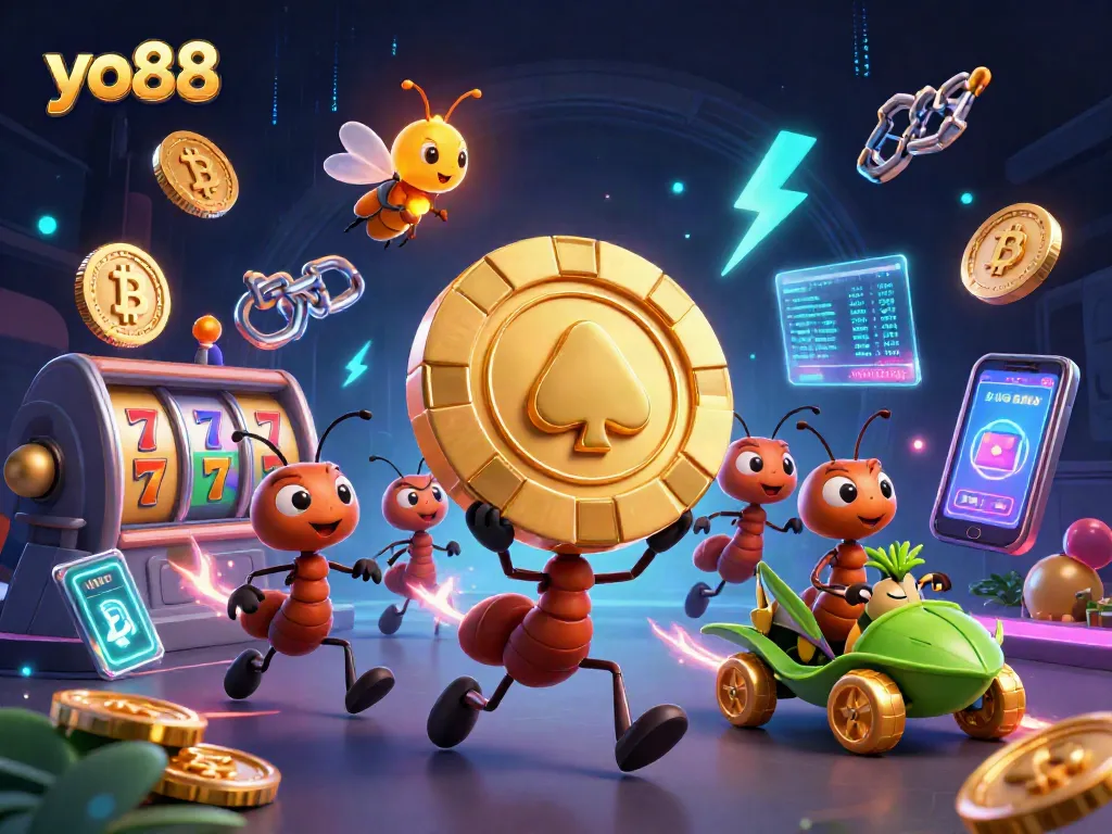 Play exciting games at yo88 with a vibrant illustration featuring ants carrying a giant golden poker chip.