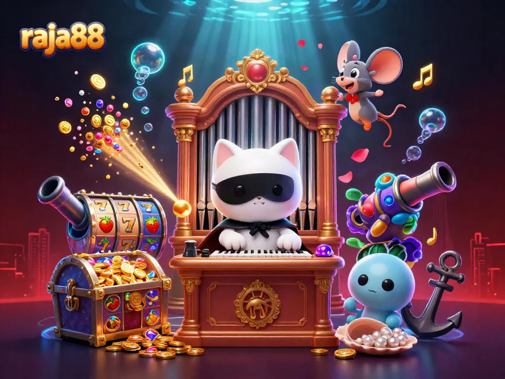 Experience the excitement of raja88 with dynamic 3D scenes of gambling fun, including a casino organ and vibrant slot games.