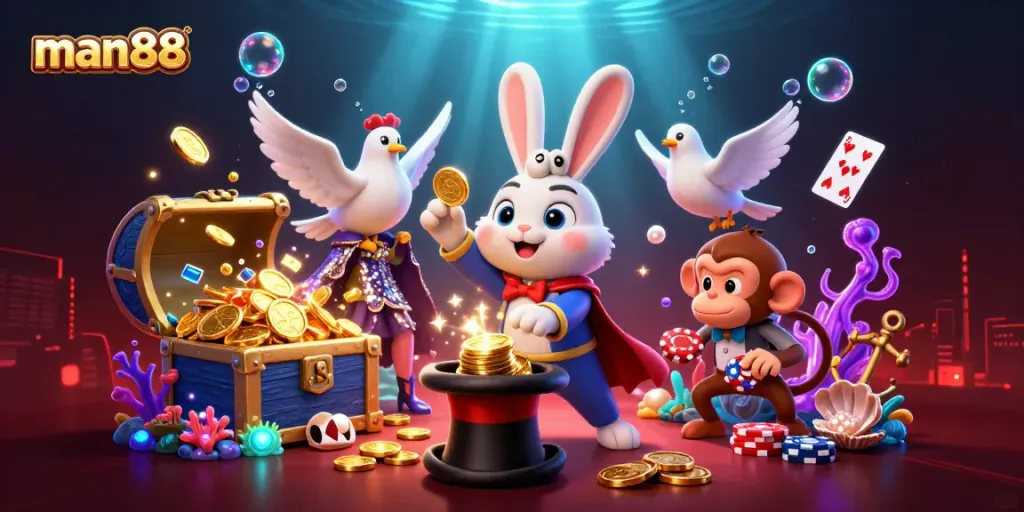 Experience thrilling wins with man88 in a vibrant 3D casino scene featuring a magician rabbit and poker chips.