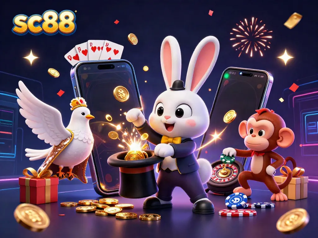 Experience the excitement of sc88 as a magician rabbit conjures coins in a vibrant casino scene.