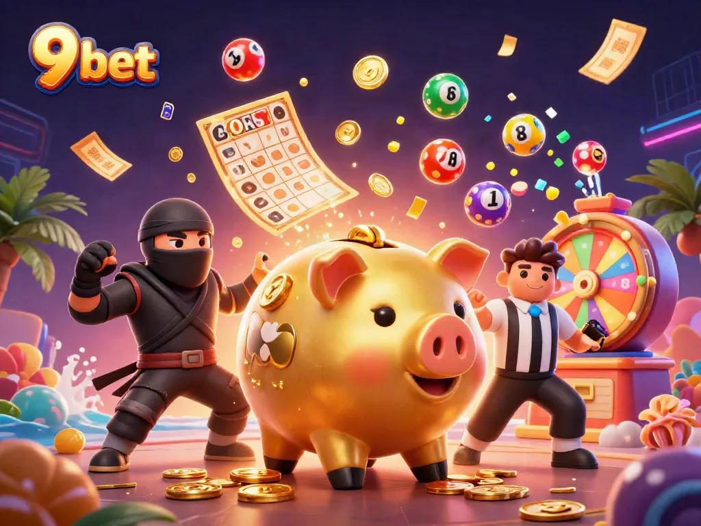 Engage with the 9 bet casino experience as a sumo wrestler shakes coins and colorful lottery balls erupt around him.