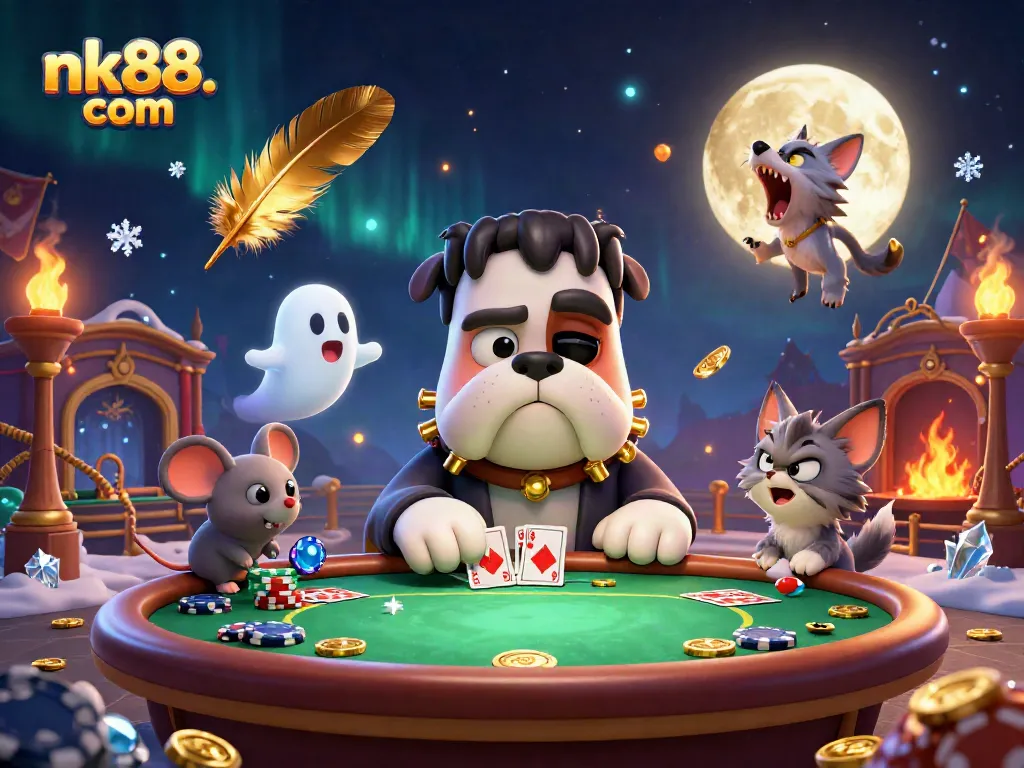 Engage with nk88. com at a high-stakes poker showdown against a whimsical backdrop of fun characters.