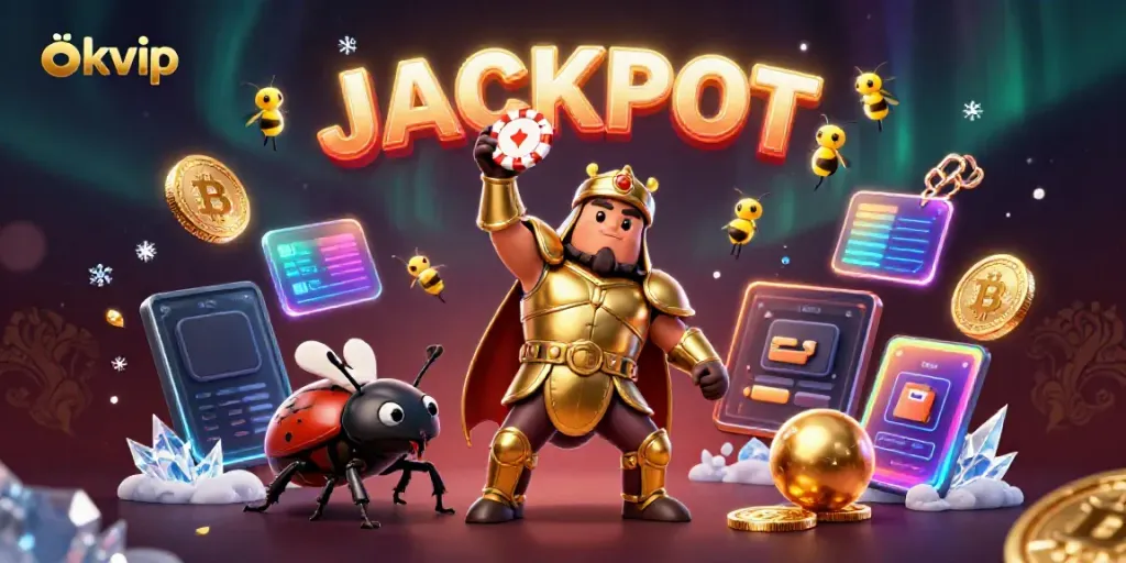 Experience the thrilling victory at okvip with a heroic beetle lifting a poker chip surrounded by dazzling casino elements.