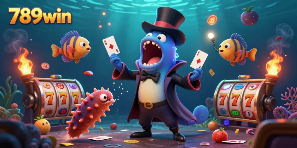 Experience thrilling 789win magic with a bioluminescent eel performing casino tricks amidst vibrant slot machines.