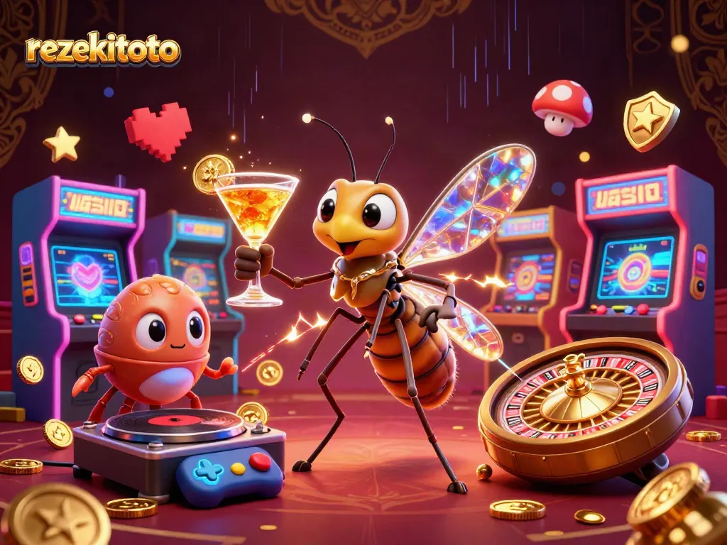 Experience rezekitoto and win with vibrant casino-themed characters in a dynamic 3D illustration.