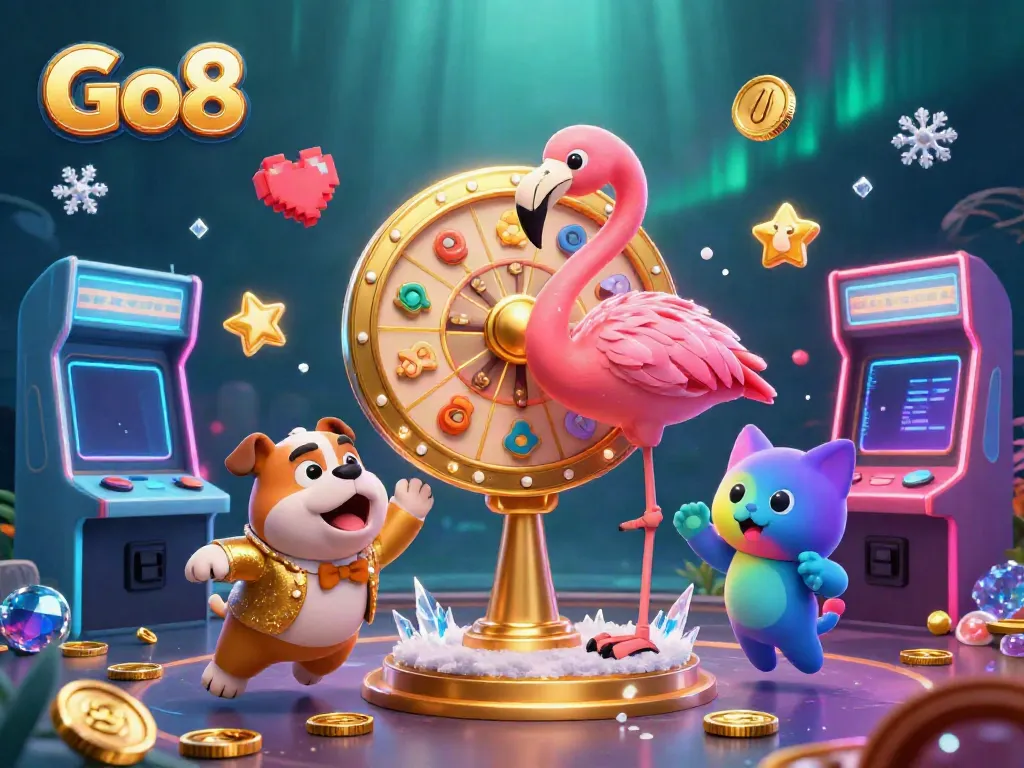 Go8 prize wheel and excited bulldog contestant in an engaging casino-themed illustration.