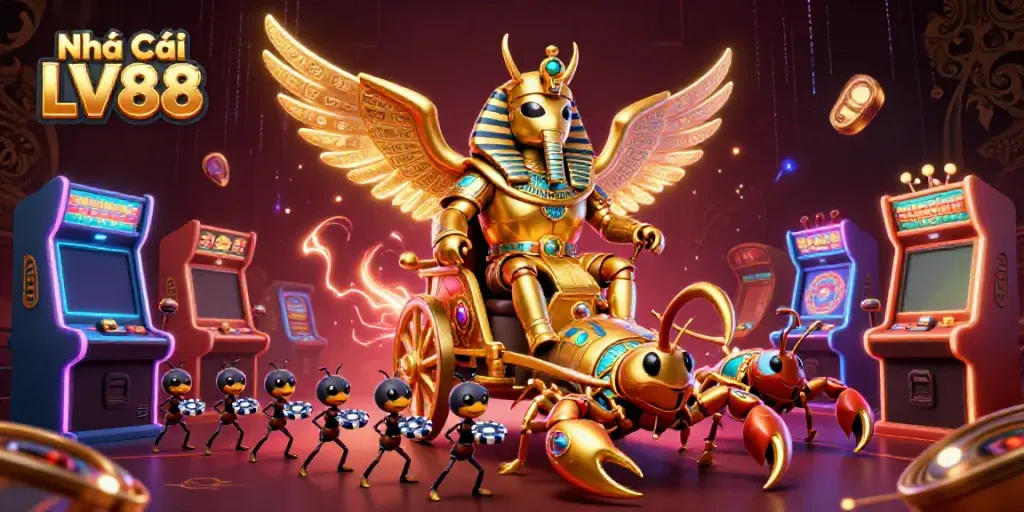 Experience the vibrant gameplay at Nhà Cái LV88 with a golden scarab and gaming elements.