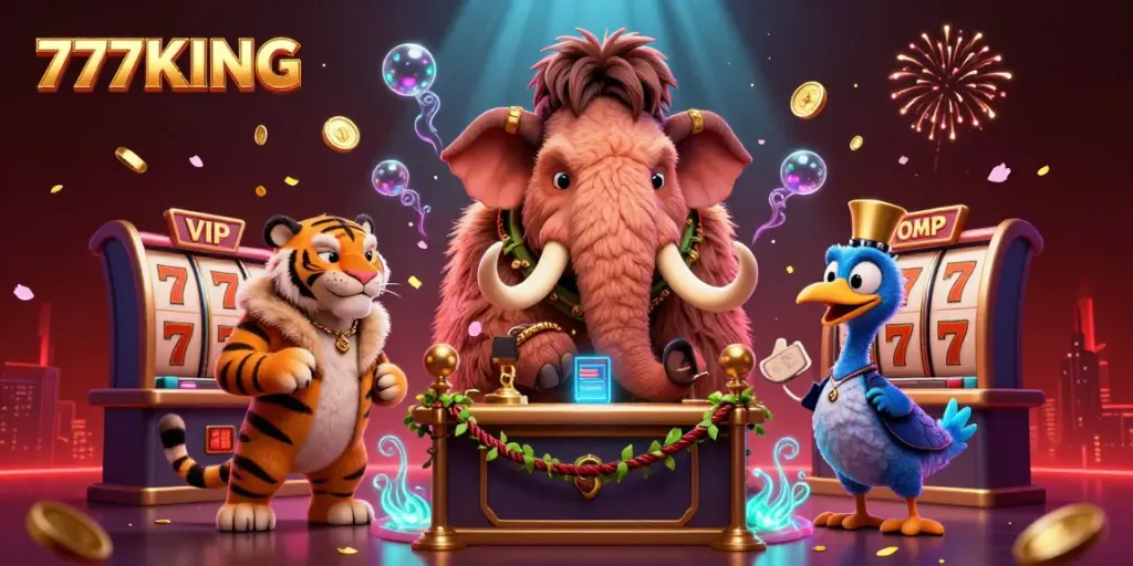 Experience vibrant gameplay with 777KING inside a bustling casino, featuring characters in a lively scene.