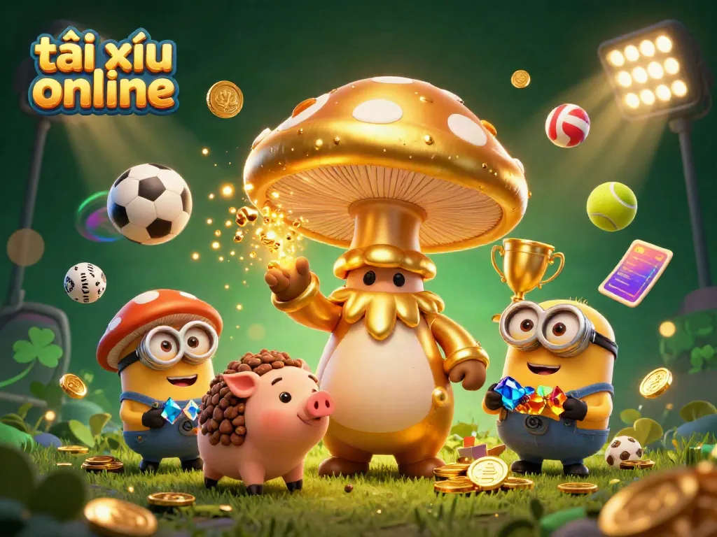 Experience the exciting world of tài xỉu online with our golden wizard, sports elements, and treasures in this vibrant illustration.