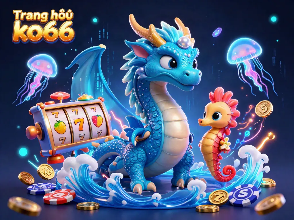 Engaging scene showcasing Trang chủ ko66 featuring a majestic azure dragon, seahorse knight, and glimmering slot reels.