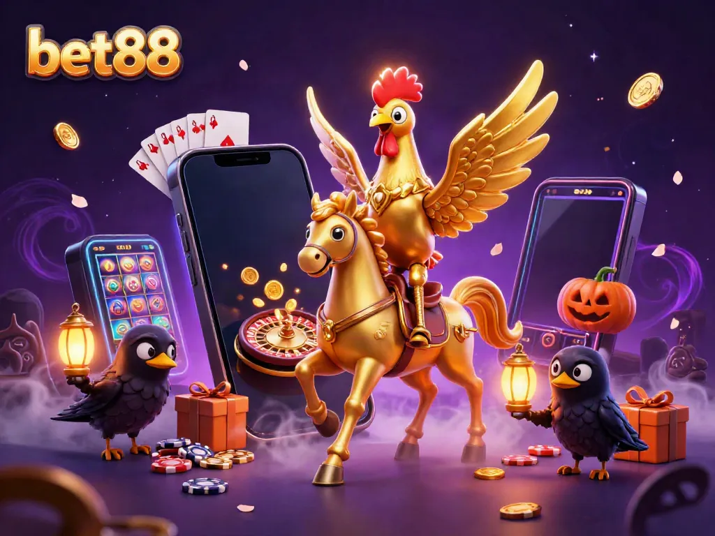 Experience thrilling gameplay at bet88 with a glamorous casino scene featuring a golden rooster and dazzling gaming elements.