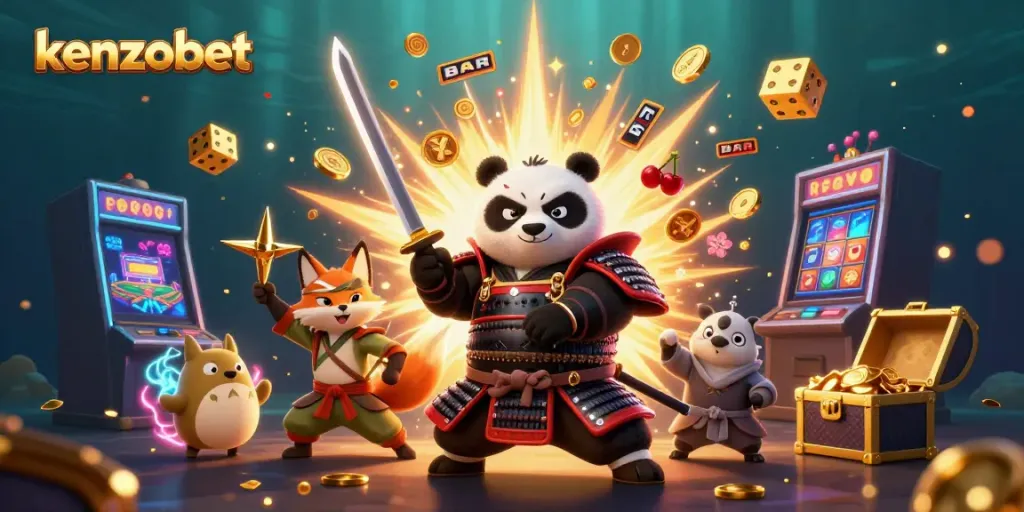 Engage with Kenzobet's exciting gaming world featuring vibrant slot machines and characters in action.