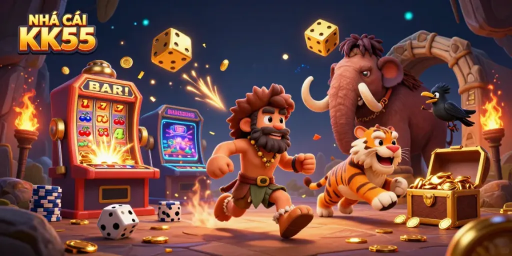 Experience the excitement of NHÀ CÁI KK55 through a dynamic 3D casino scene showcasing ancient characters.
