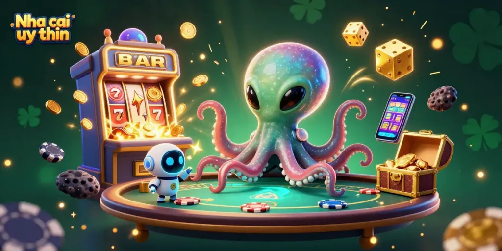 Nha cai uy tin showcases a vibrant alien octopus at a holographic poker table in a cosmic casino setting.