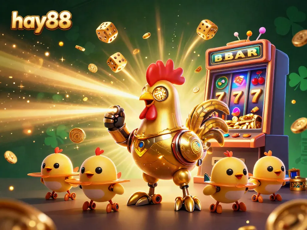 Players engaging with fun casino games at hay88 featuring a golden rooster robot and vibrant slot machine elements.