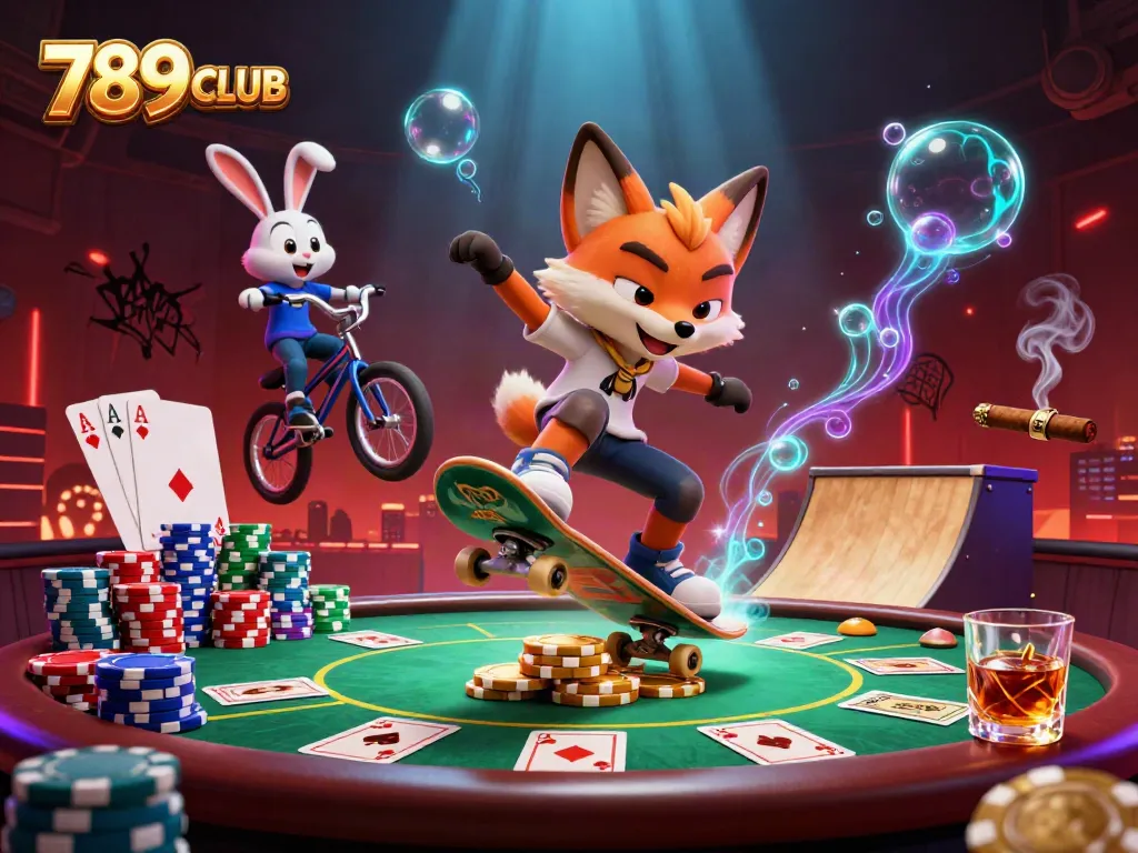 Experience thrilling bets at 789CLUB while a fox performs tricks over poker chips.
