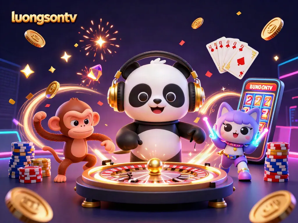 Experience excitement with luongsontv featuring a DJ panda, dancing monkey, and glowing kitten in a casino scene.