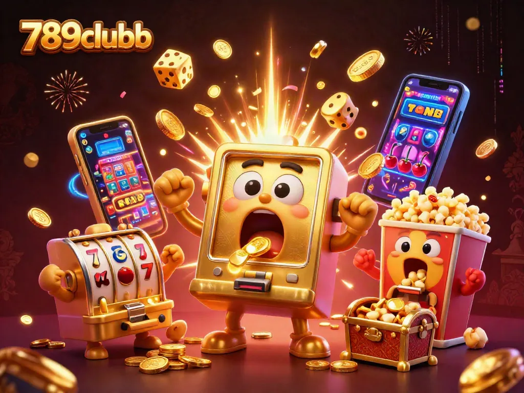 Experience the excitement of 789clubb with playful slot machines celebrating a jackpot win amidst a vibrant casino atmosphere.