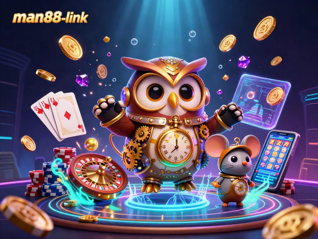 Spin to win with man88-link in a vibrant casino scene with an owl and mouse.