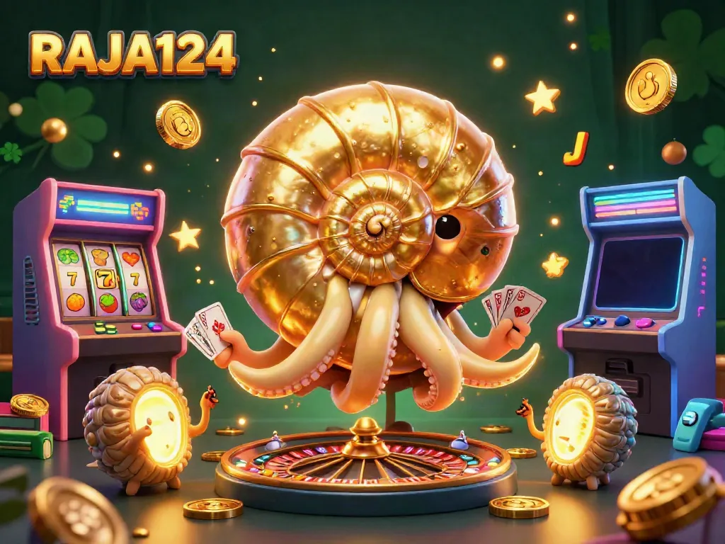 Engaging RAJA124 casino scene featuring a giant nautilus roulette wheel and colorful gaming elements.