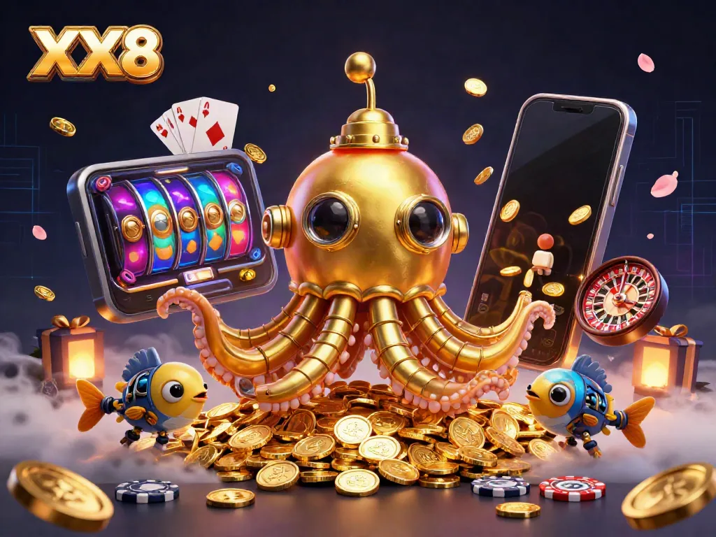 Experience the excitement of XX8 with a dynamic scene featuring a golden kraken and vibrant casino elements.
