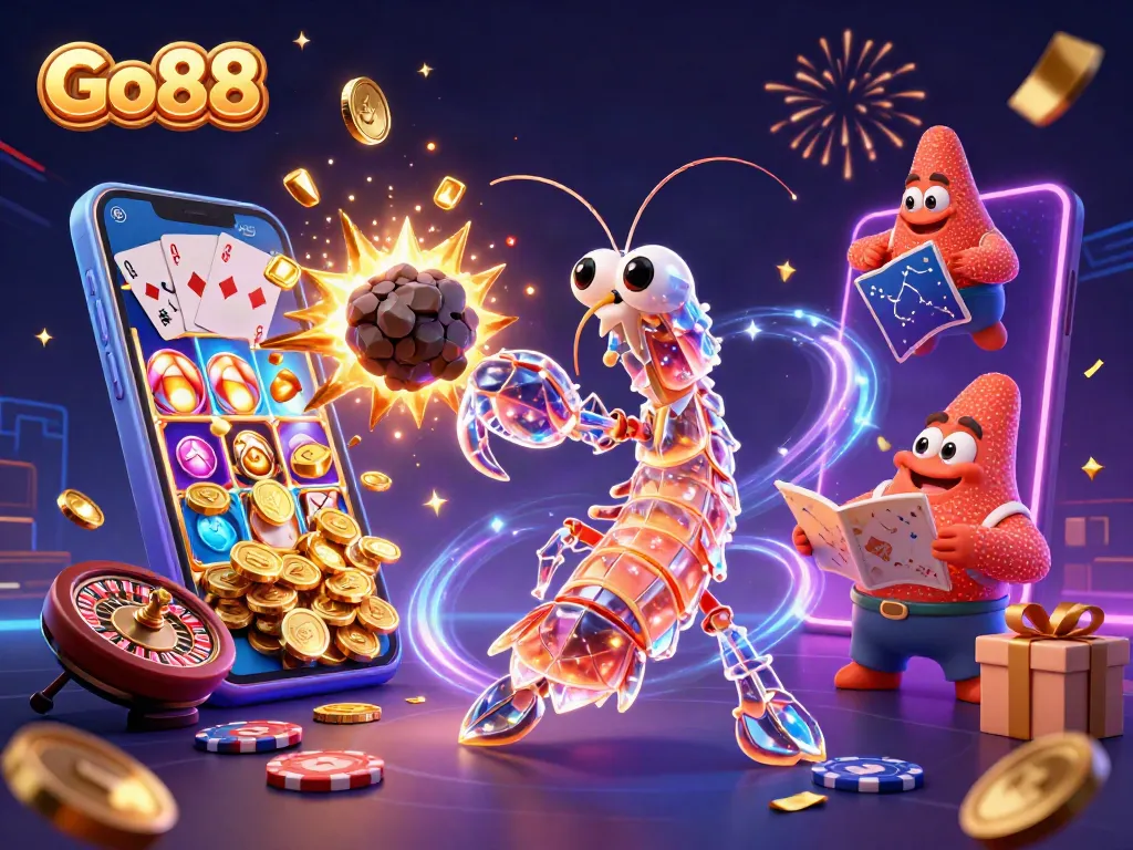 Go88 showcases a vibrant scene with characters celebrating winning big in a casino.