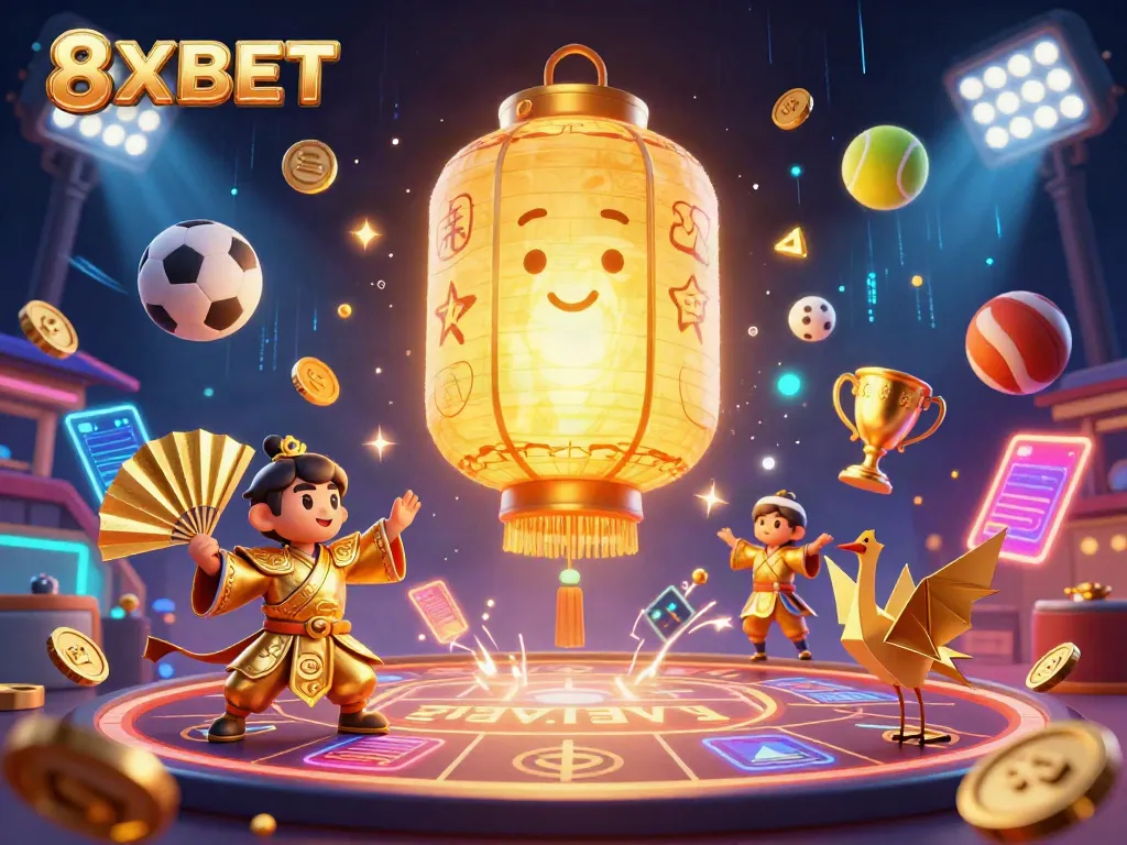 Experience thrilling gaming with 8XBET through vibrant sports betting illustration featuring dynamic scenes.
