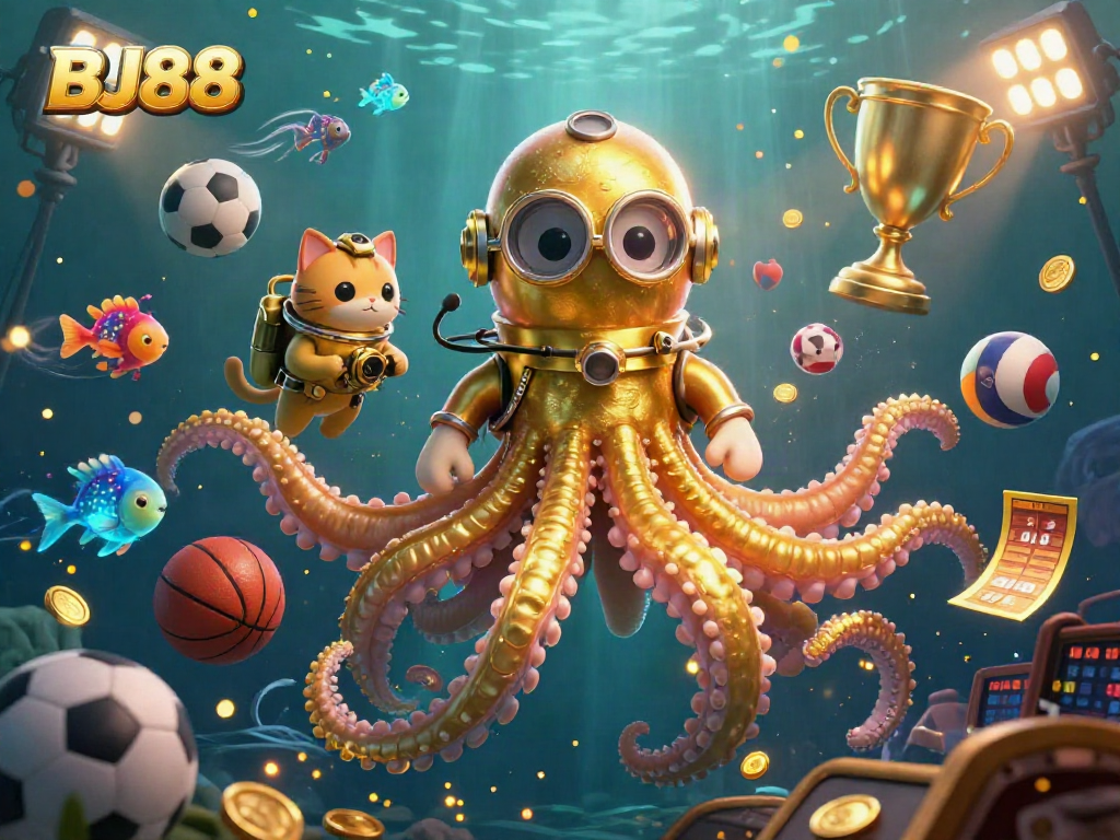 Experience the thrilling BJ88 casino adventure with a colossal kraken and diving cat in this vibrant 3D illustration.