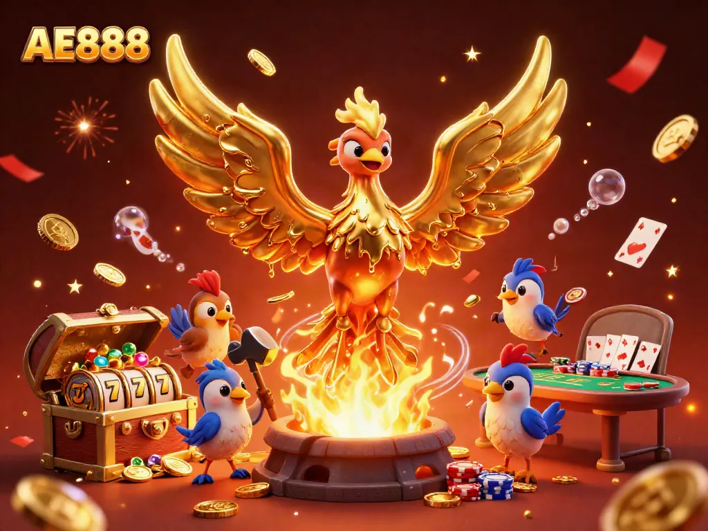 Win big with AE888 as the golden phoenix emerges from molten metal, surrounded by vibrant casino elements.