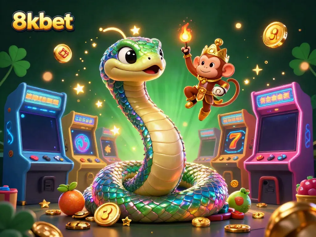 Experience thrilling gaming action with 8kbet as the rainbow serpent coils around a golden pillar, surrounded by slot reels and vibrant game visuals.