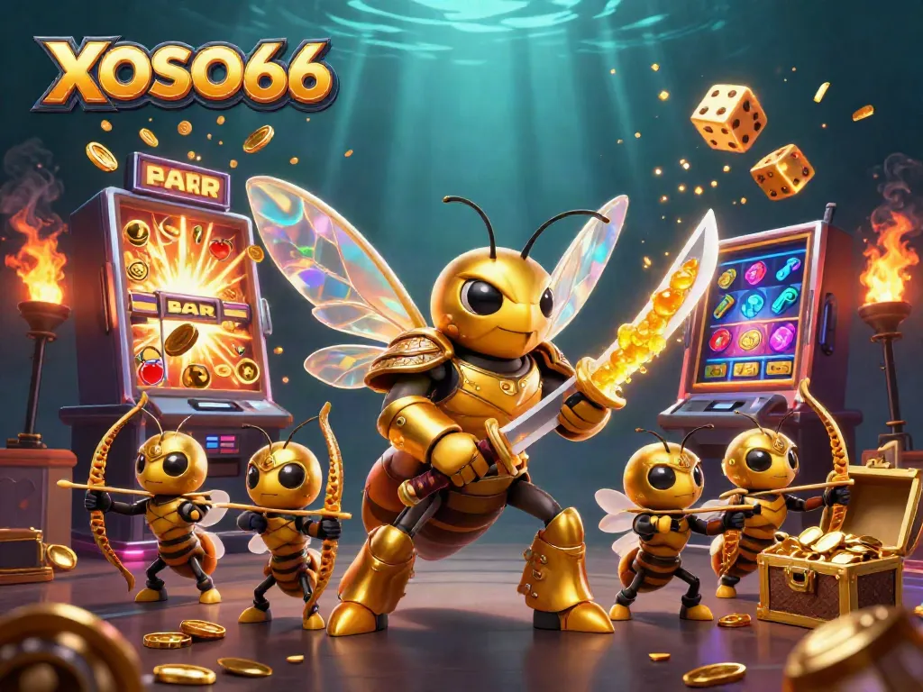 Experience the thrill of XOSO66 with dynamic slot machine action and vibrant casino elements.
