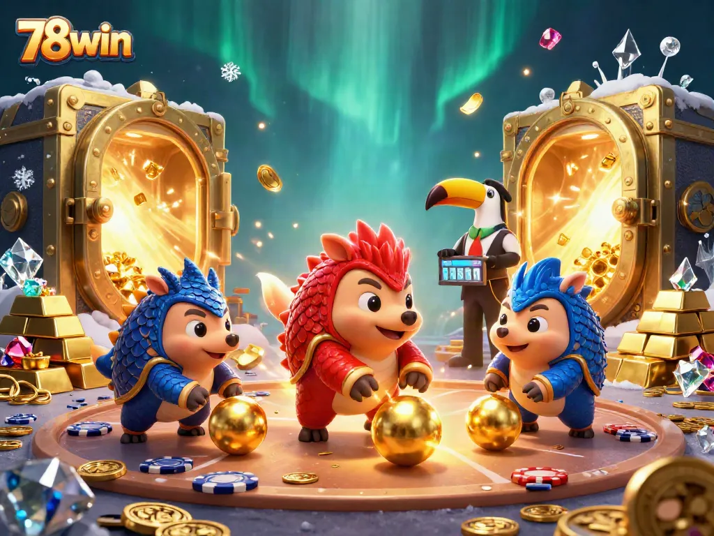 Engaging scene with 78win pangolins competing in a casino setting surrounded by riches.