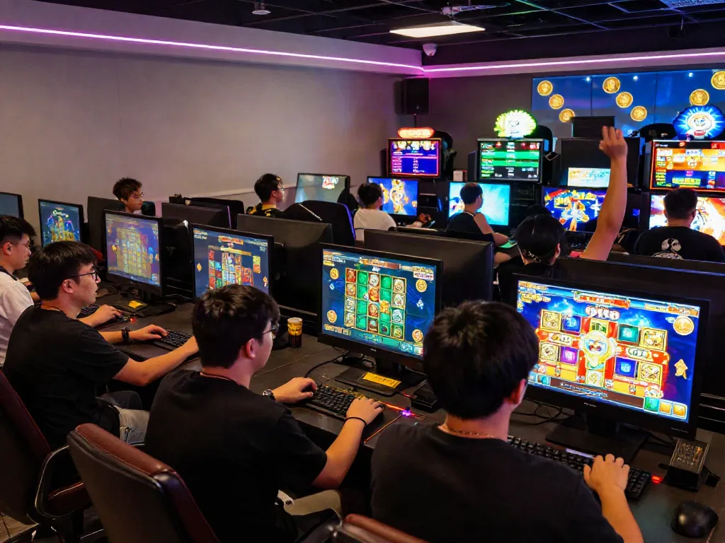 Exciting scene of players enjoying slot gacor games online, celebrating wins with vibrant graphics and joyful reactions.