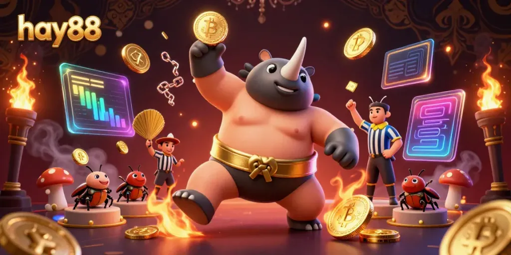 Challenge the odds with hay88 as a sumo champion beetle crushes coins in a vibrant casino setting.