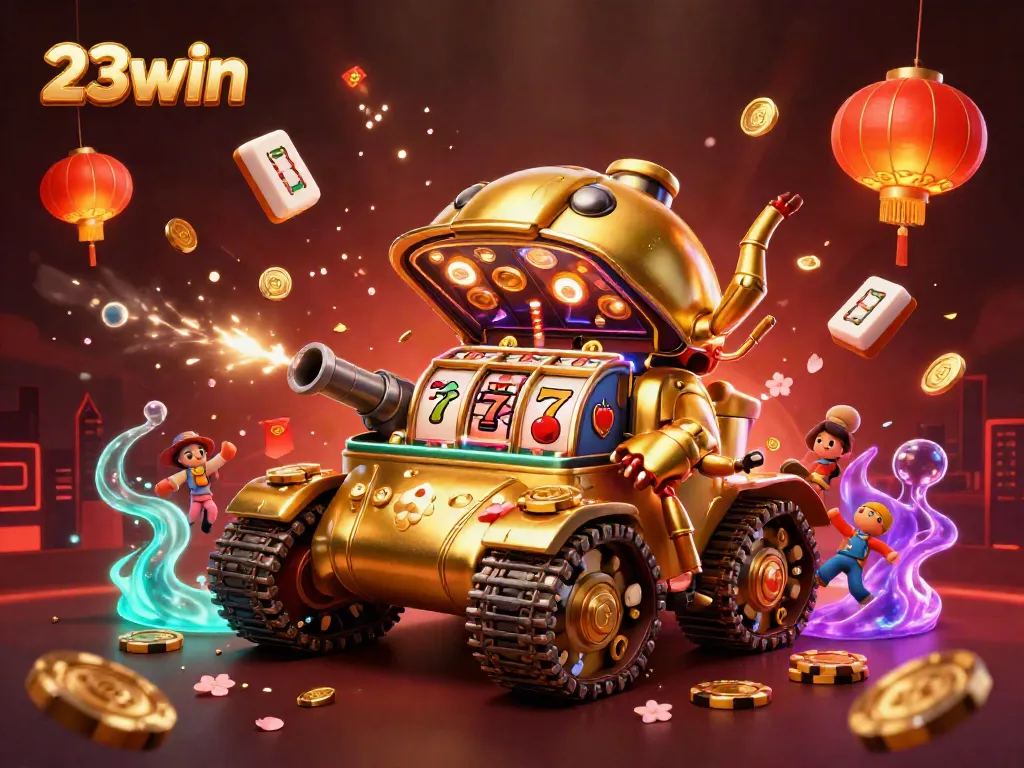Experience the thrilling activities at 23win with a golden beetle tank casino illustration.