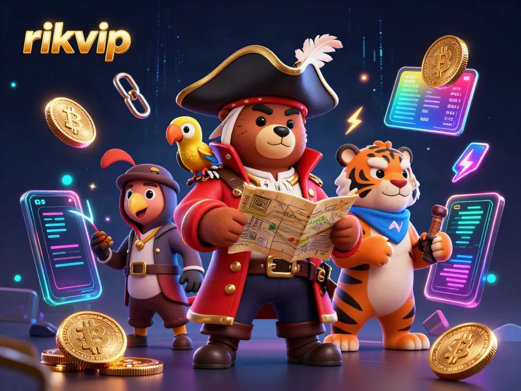 Rikvip showcases a lively 3D scene of a pirate bear and tiger in a casino with crypto elements.