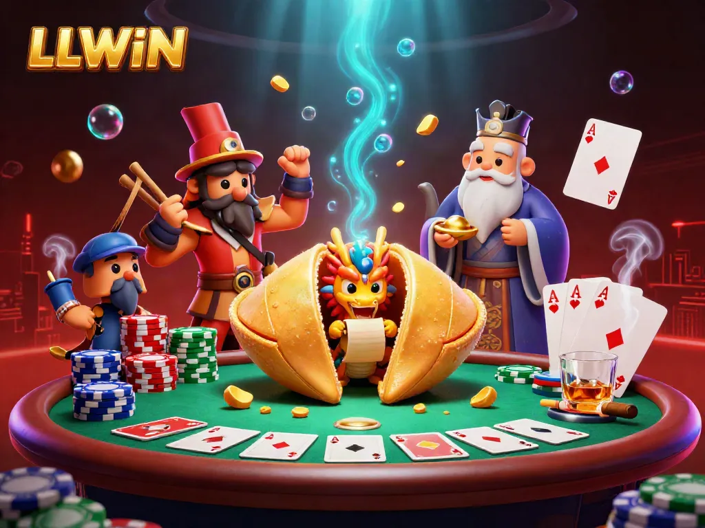 Experience excitement at LLWIN with a dynamic illustration featuring a golden fortune cookie and poker elements.