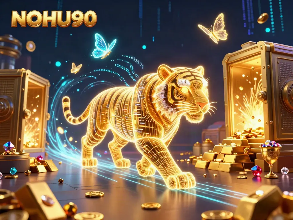 Experience the excitement of NOHU90 with a vibrant 3D digital casino illustration featuring a golden tiger and gems.