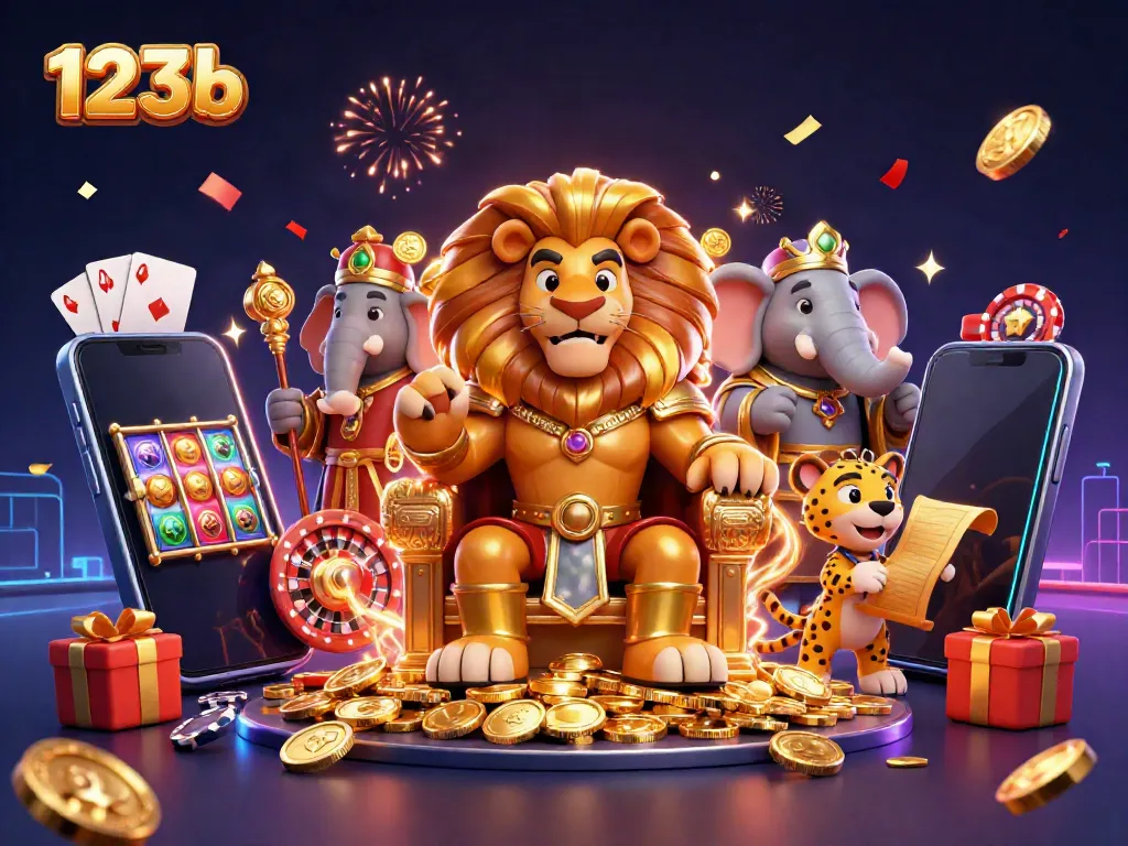 Engage with 123b's thrilling casino experience featuring a lion king surrounded by vibrant game elements.