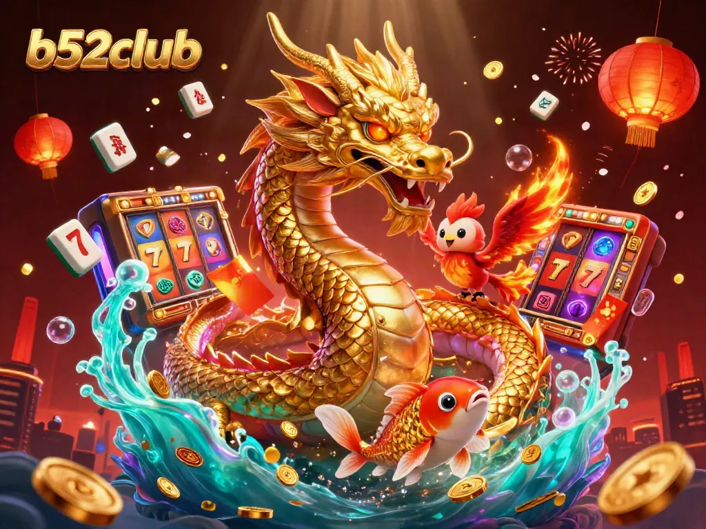Engage with b52club's vibrant online casino atmosphere featuring a golden dragon, phoenix, and koi fish.