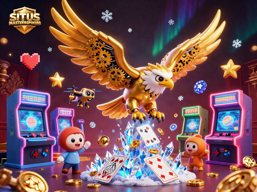 SITUS MASTERSPIN188 showcases a thrilling 3D casino scene with a golden eagle amidst holographic playing cards.