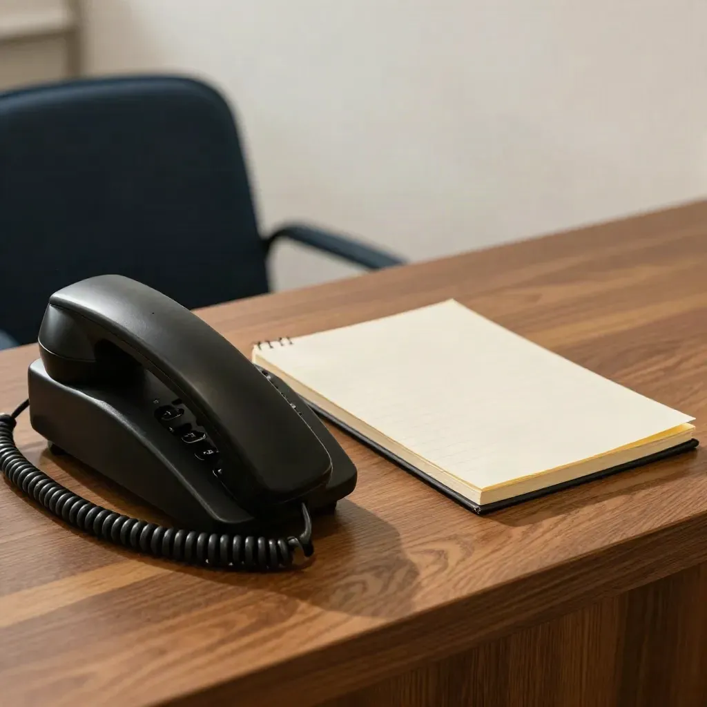 Telefon recepcyjny, blankowy notatnik i oparcie krzesła przy jasnej ścianie, poranne światło.