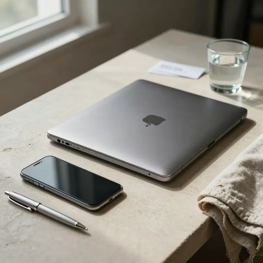 Zamknięty laptop, telefon, długopis i szklany przycisk na jasnym kamiennym biurku.