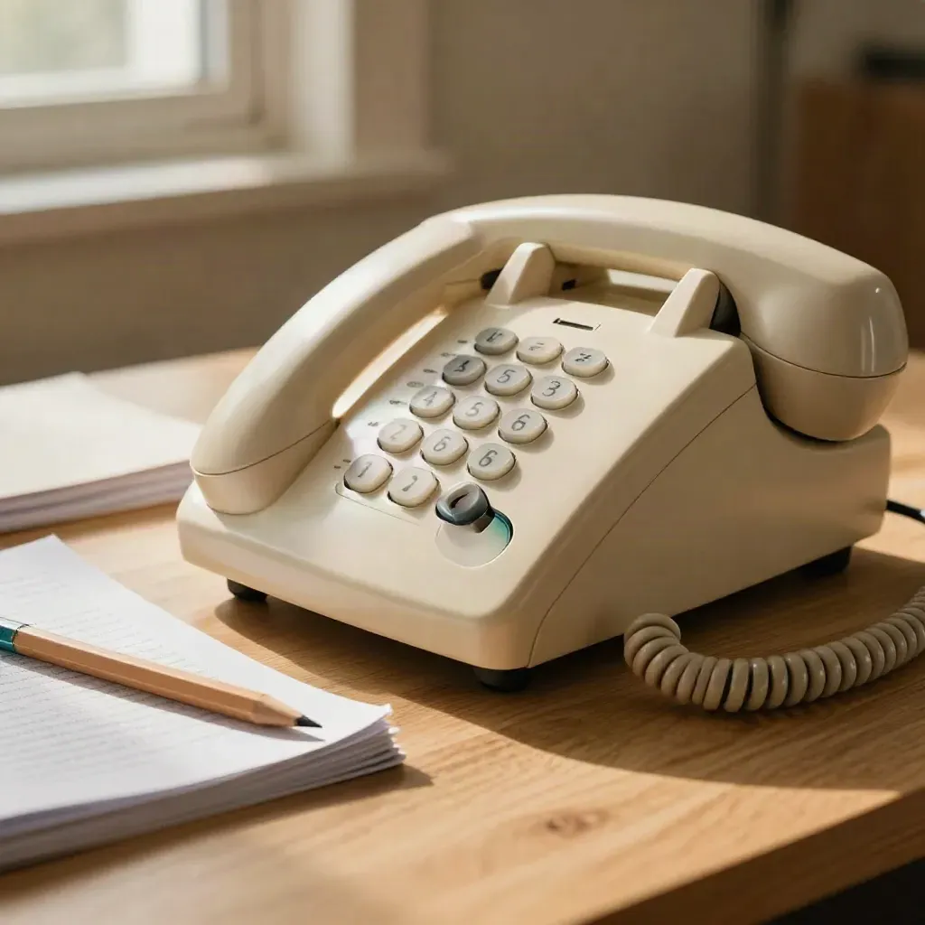 Telefon biurkowy, karty skryptu i ołówek na lnianej tkaninie w ciepłym świetle