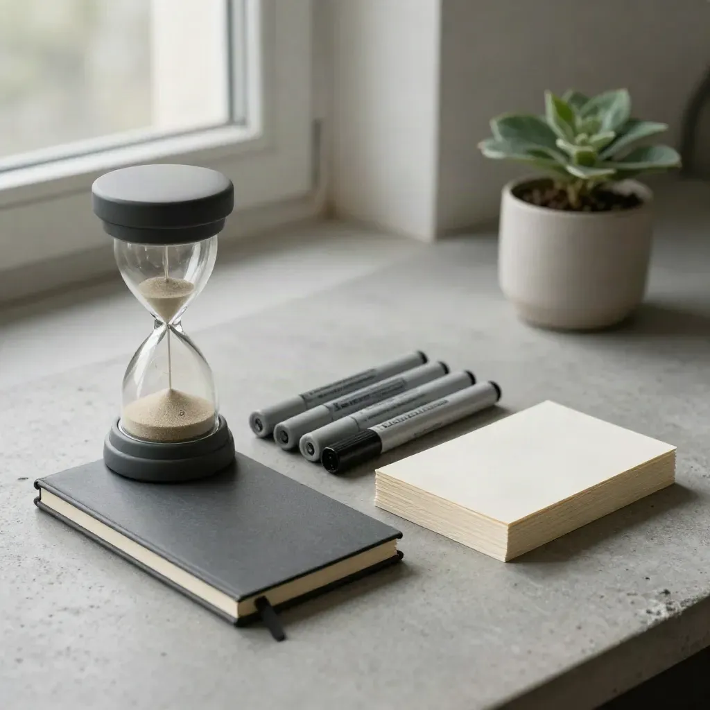 Materiały trenerskie: timer, markery, karty i notes obok rośliny na jasnym tle.