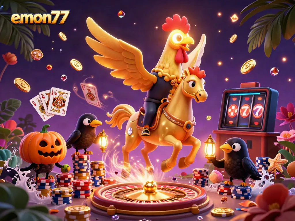 Experience thrilling gameplay with emon77, featuring a golden rooster and exciting casino elements.