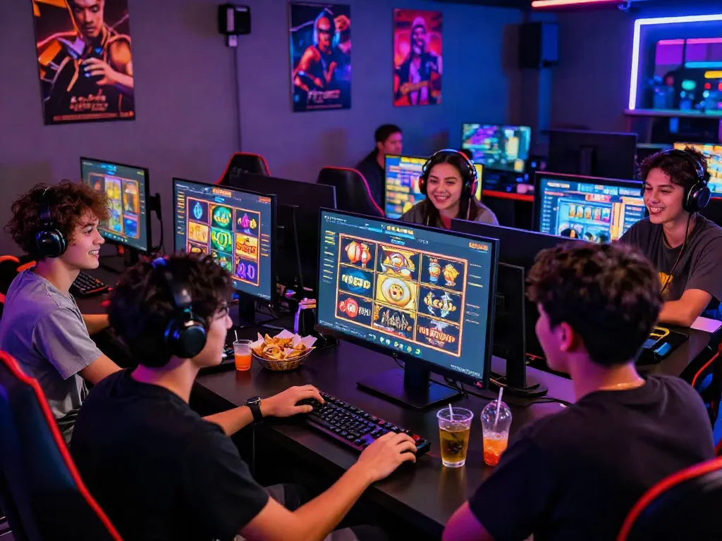Friends enjoying slot Thailand games in a vibrant gaming lounge.
