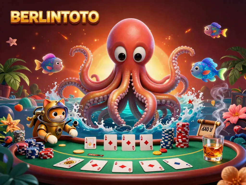 Engage with the thrilling world of gambling featuring BERLINTOTO illustrated with a 3D kraken, poker elements, and vibrant underwater scenes.