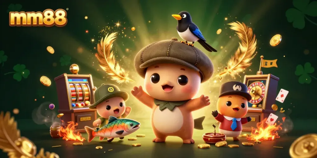 Join the excitement of mm88 with a colorful casino scene featuring playful characters and vibrant gaming elements.