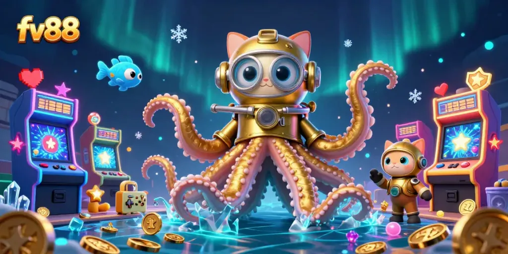 Engage with the fv88 gaming universe featuring a kraken, diving cat, and glowing elements.